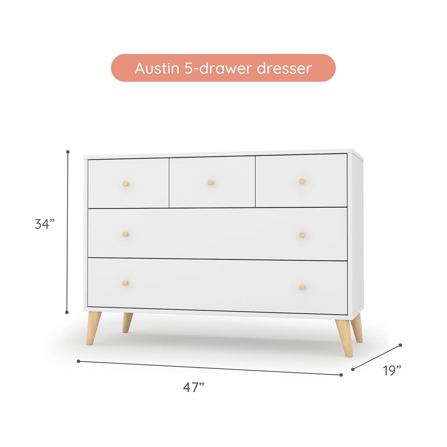dadada Austin 5-Drawer Dresser for Nursery and Bedroom - Modern Design, Large Storage, Baby-Safe