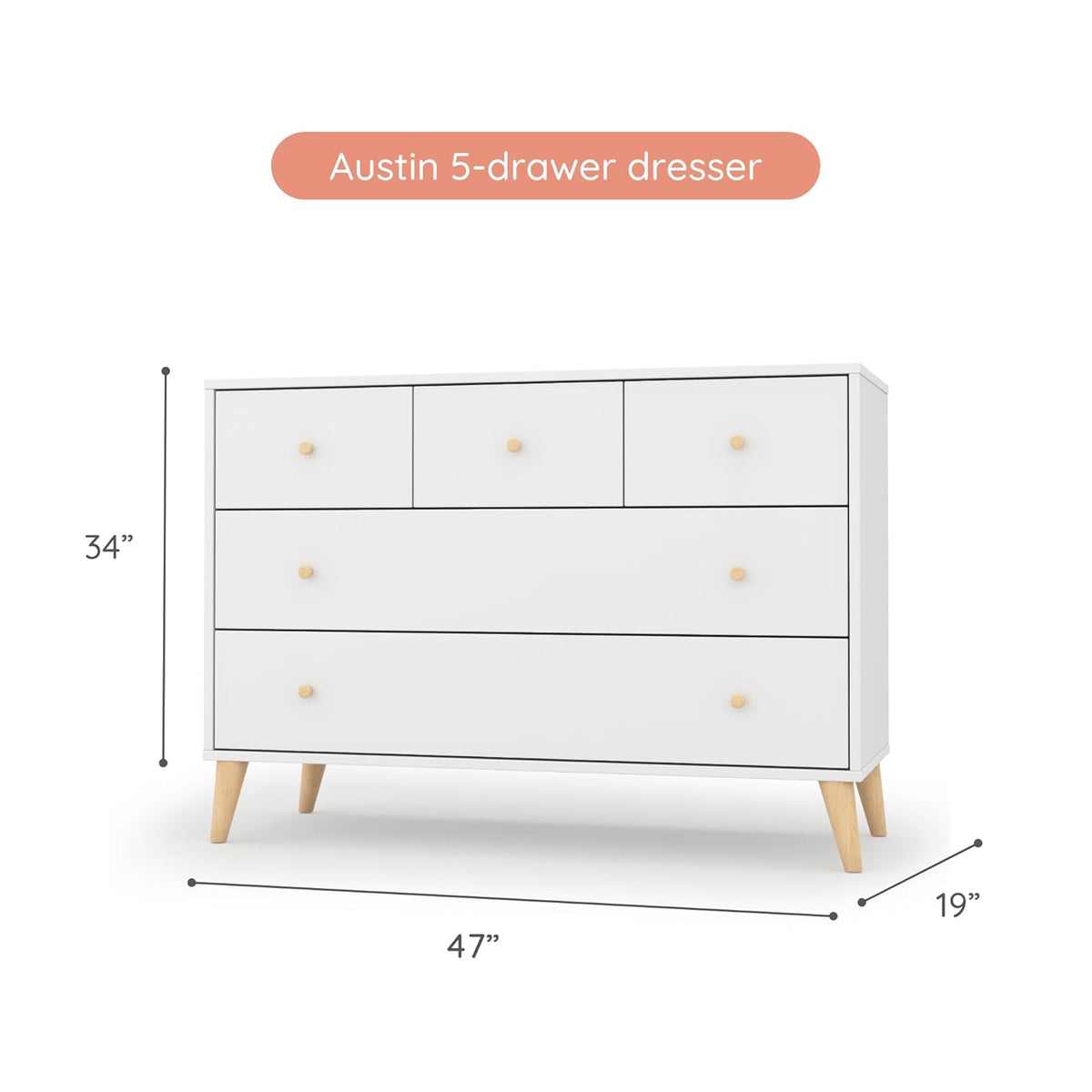 dadada Austin 5-Drawer Dresser for Nursery and Bedroom - Modern Design, Large Storage, Baby-Safe