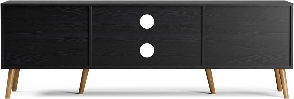 TV Stand for TVs up to 65'', Entertainment Center with Rattan Door, Shelves & 2 Cabinets, Boho