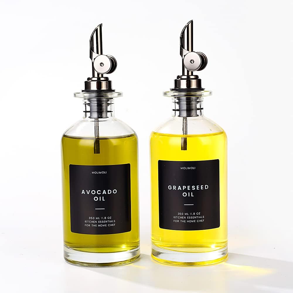 Molimoli Oil and Vinegar Dispenser with Metal Pour Spout, Weighted Pourer, Glass Bottle Dispenser