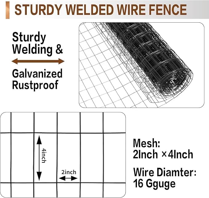 Tongmo 4 ft x 50 ft Black PVC Coated Welded Wire Fence, 16GA Garden Chicken Wire Fence Roll, Mesh