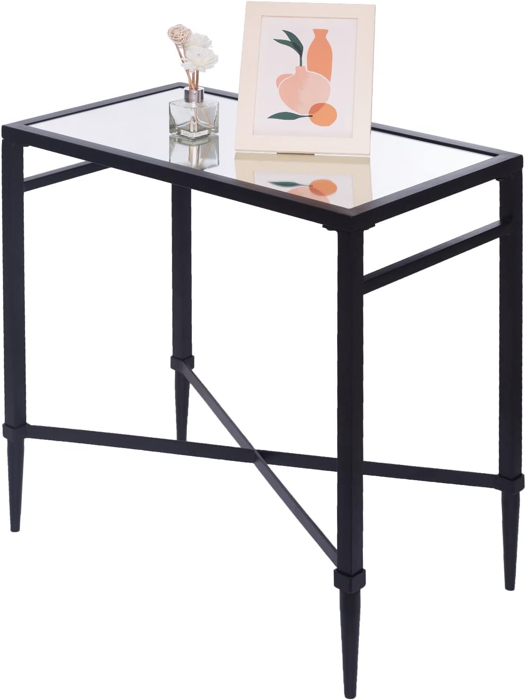 Black End Table, Rectangle Side Table with Mirrored Top, Modern Metal End Table, Small Narrow Side