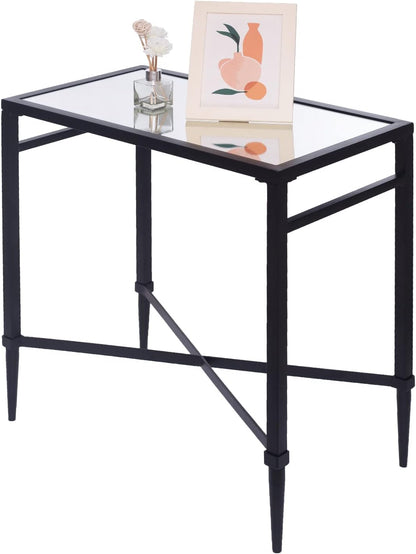 Black End Table, Rectangle Side Table with Mirrored Top, Modern Metal End Table, Small Narrow Side