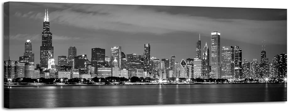 Wieco Art Chicago City Center Skyline in Black and White Canvas Prints Modern Canvas Art Cityscape