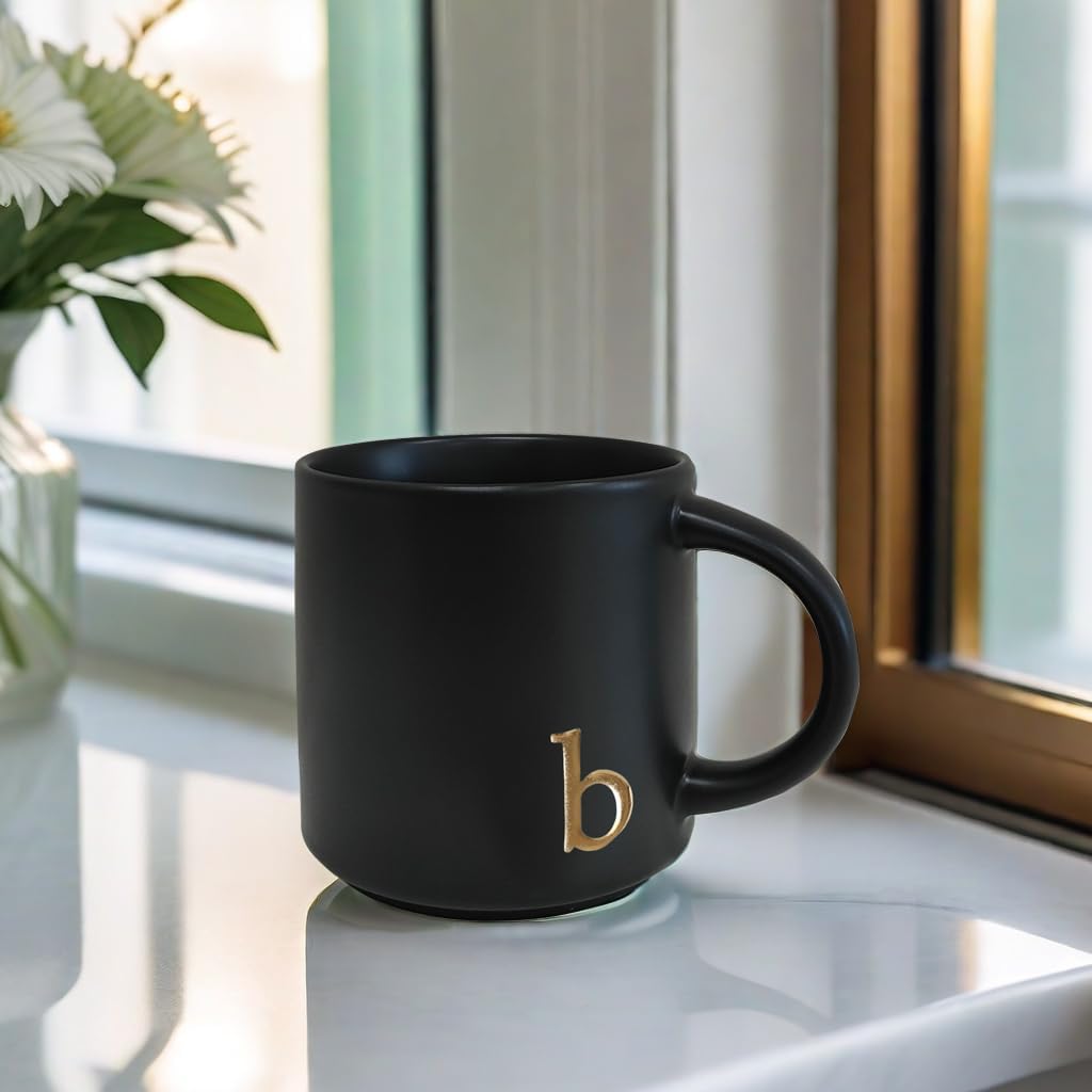 COLLECTIVE HOME - Black Monogram Ceramic Mugs, 15 oz Golden Initial Coffee Cups, Elegant Alphabet