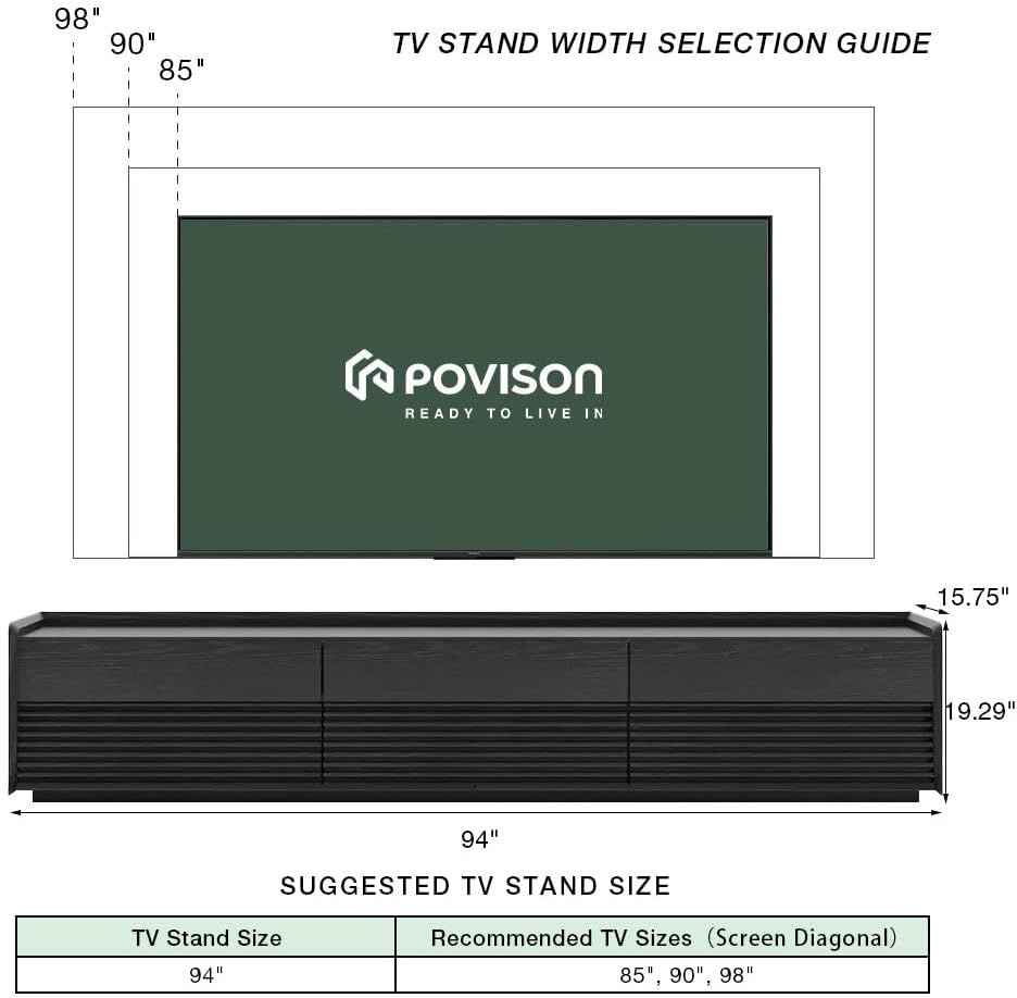 POVISON Fully-Assembled Mid Century Modern TV Stand, 94.49" Wood Media Console with Adjustable LED