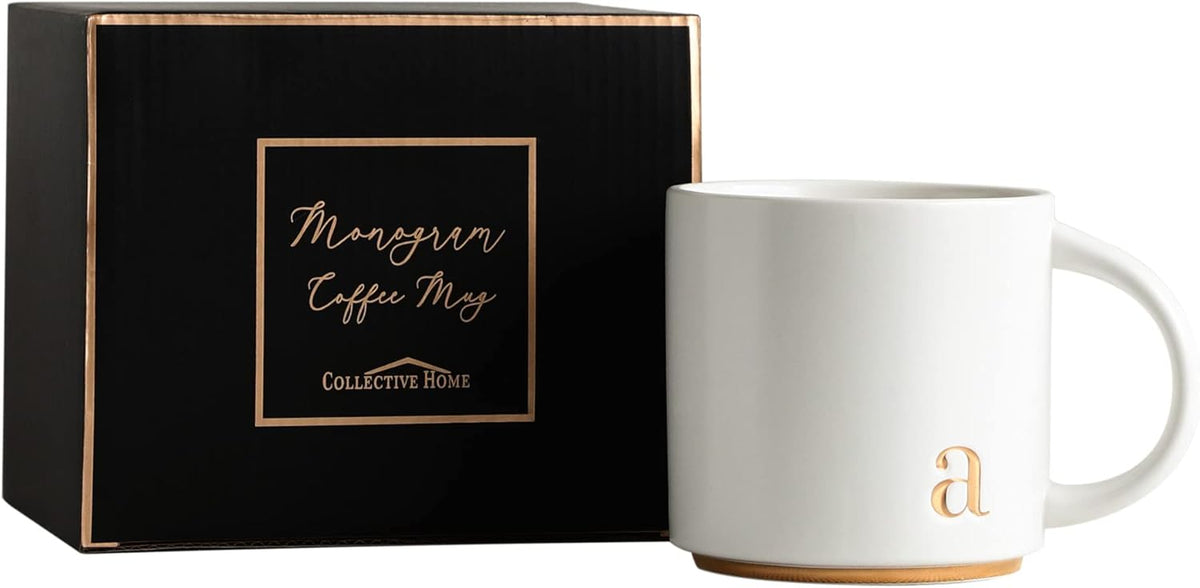 COLLECTIVE HOME - Monogram Ceramic Mugs, 15 oz Golden Initial Coffee Cups, Elegant Alphabet Tea