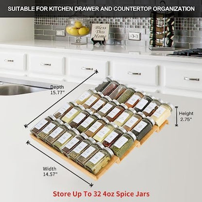 Spice Drawer Organzier,4 Tiers Bamboo Spice Rack Tray Insert for Cabinet Drawer Countertop, Kitchen