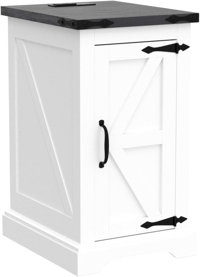 JXQTLINGMU Nightstand with Charging Station, Rectangular Farmhouse End Table with Barn Door and