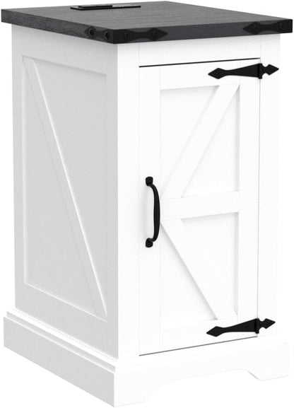 JXQTLINGMU Nightstand with Charging Station, Rectangular Farmhouse End Table with Barn Door and