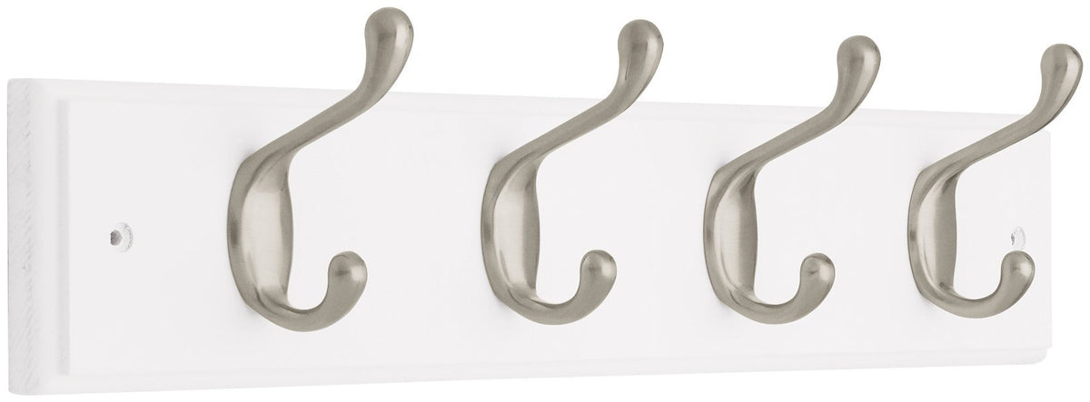 Liberty 129849 18-Inch Coat and Hat Hook Rail/Rack with 4 Heavy Duty Hooks, White and Satin Nickel