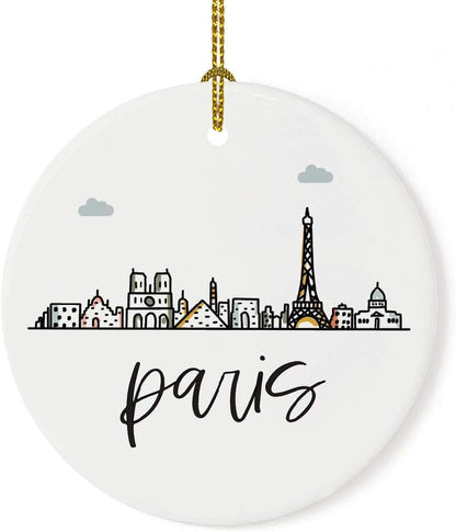 Andaz Press Round Ceramic Porcelain Christmas Tree Ornament Keepsake Gift, Paris, Colorful