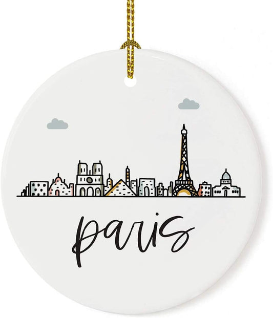 Andaz Press Round Ceramic Porcelain Christmas Tree Ornament Keepsake Gift, Paris, Colorful