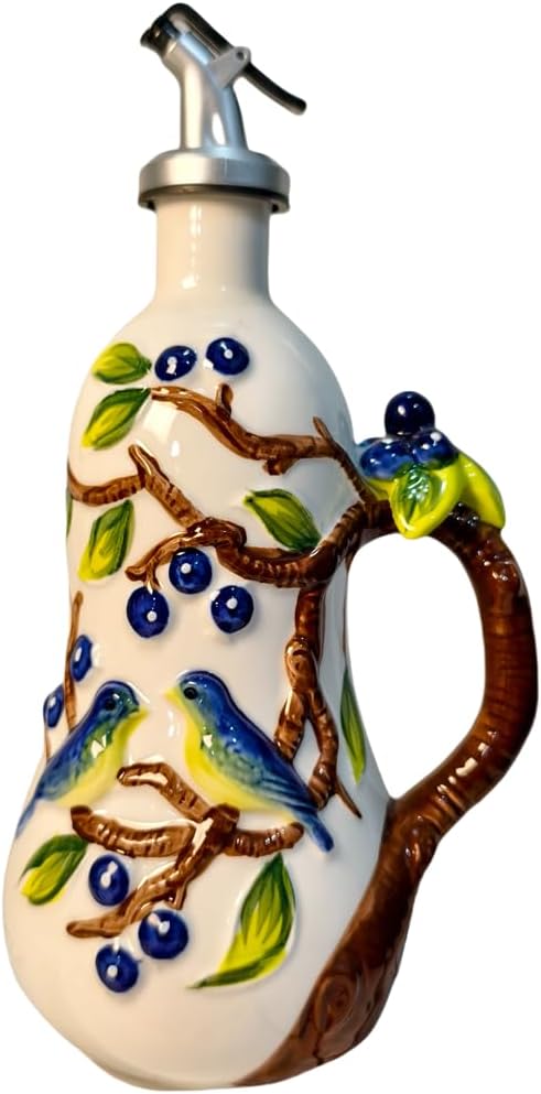 18 Oz Hand Painted Relief Ceramic Olive Oil Bottle Dispenser for Kitchen, Oil and Vinegar Bottle