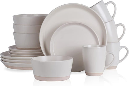 Stone Lain Jules Stoneware Dinnerware, Plates and Bowls, Dish Set for 4, Off White, Microwave &