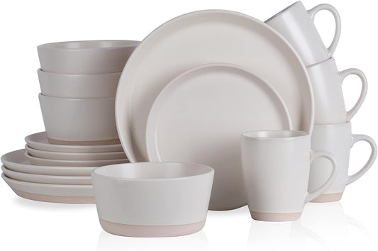 Stone Lain Jules Stoneware Dinnerware, Plates and Bowls, Dish Set for 4, Off White, Microwave &