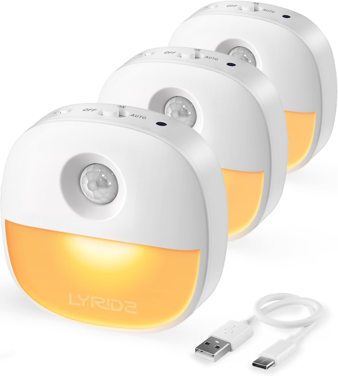 Lyridz Rechargeable Battery Night Light with Motion Sensor, Dimmable Amber Nightlights for
