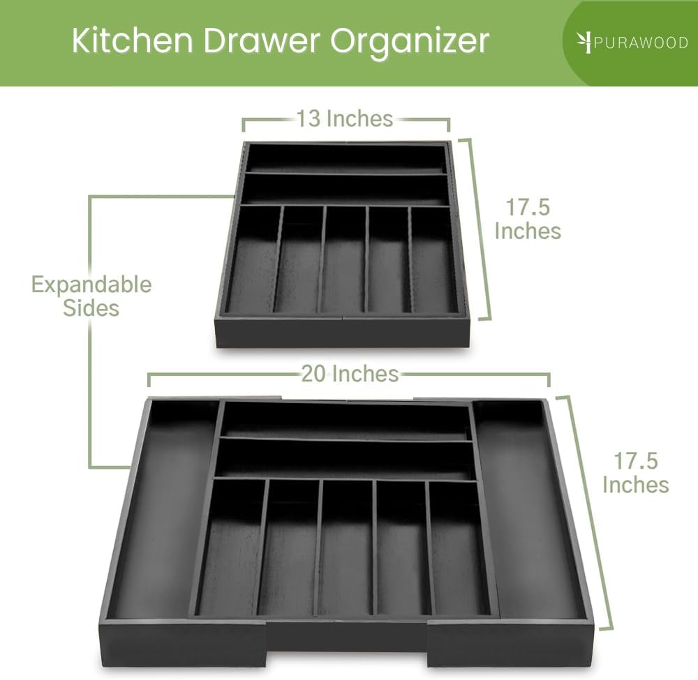 Purawood Bamboo Drawer Organizer - Expandable Silverware Organizer & Utensil Organizer, Cutlery