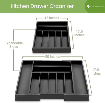 Purawood Bamboo Drawer Organizer - Expandable Silverware Organizer & Utensil Organizer, Cutlery