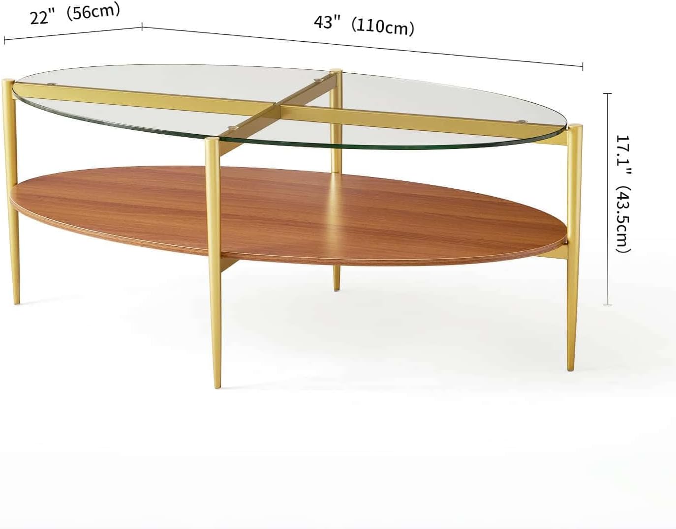 Oval Glass Coffee Table, Mid-Century Modern Design, L43 x W22 x H17 inch, 2-Tier Structure, Olive