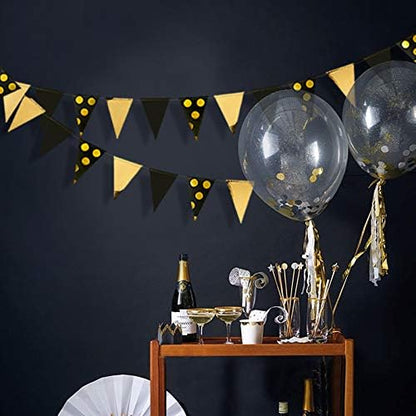 30Ft Black Gold Party Decorations Polka Dot Pennant Banner Paper Circle Dot Triangle Flags Bunting