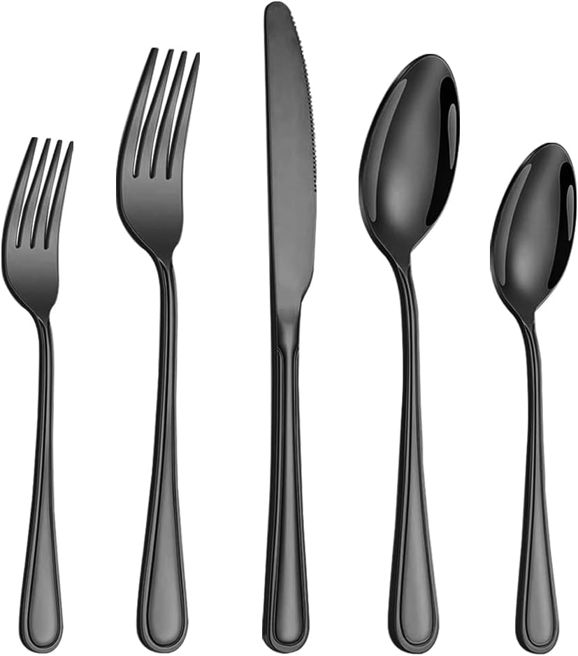 40 Pcs Black Silverware Set for 8 with Simple Striped Handle Design, Food Grade Stainless Steel