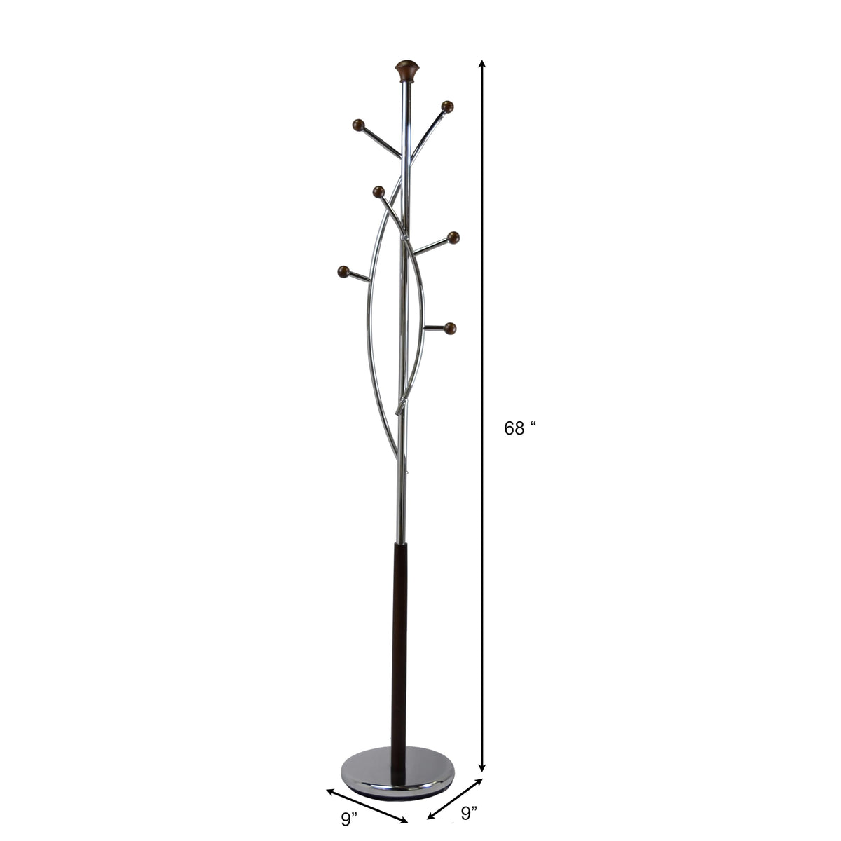 Proman Products Freestanding Modern Metal Coat Rack Tree Stand Organizer with 6 Wooden Hooks for