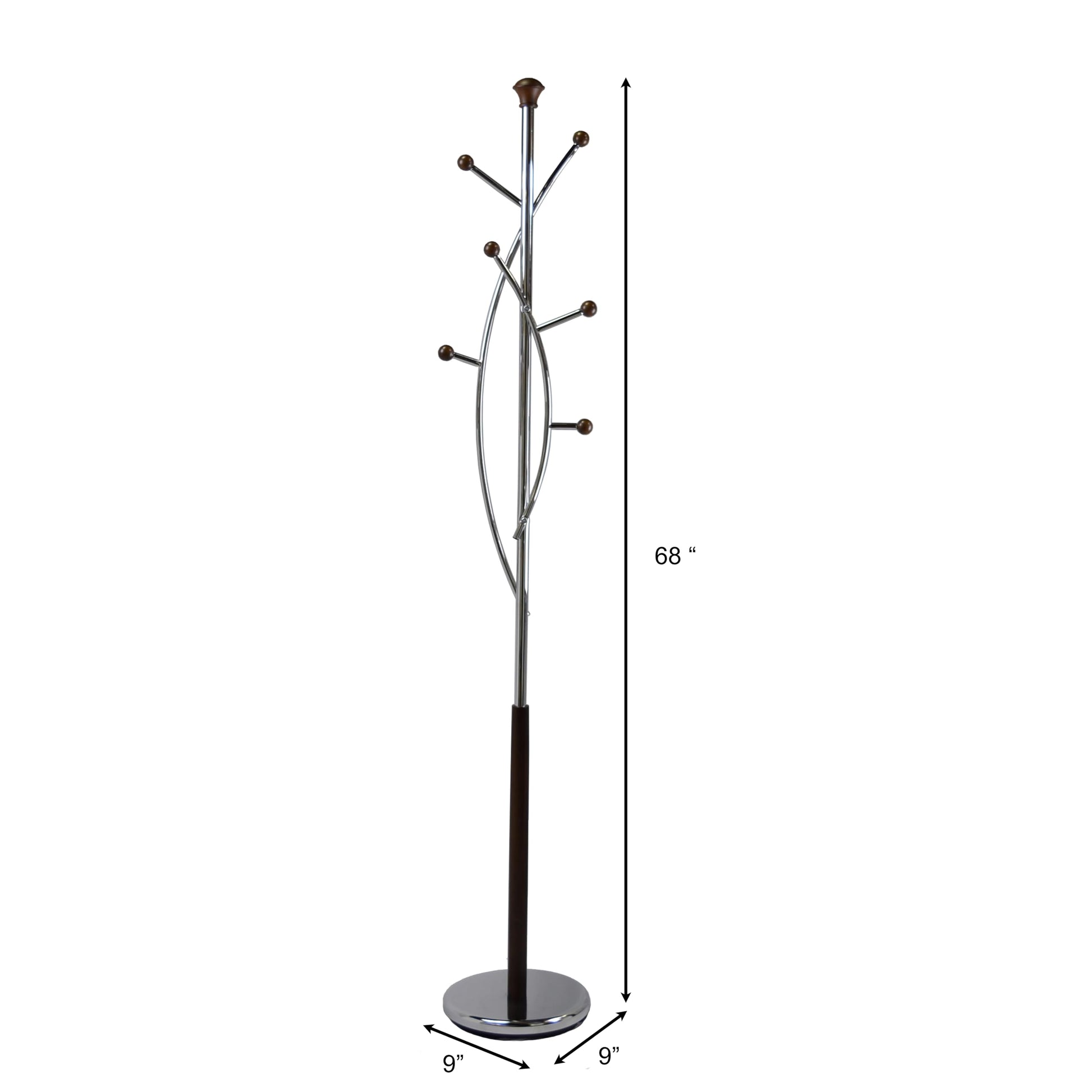 Proman Products Freestanding Modern Metal Coat Rack Tree Stand Organizer with 6 Wooden Hooks for