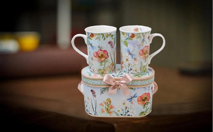 Lightahead Elegant Bone China Two Coffee Mugs Set in Floral Design 10.8 oz Each Cup in Attractive