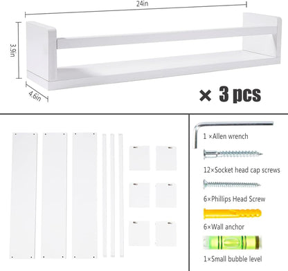 AZSKY Nursery Bookshelves White, 24 Inch Floating Bookshelves for Wall Set of 3, Baby Kids Decor