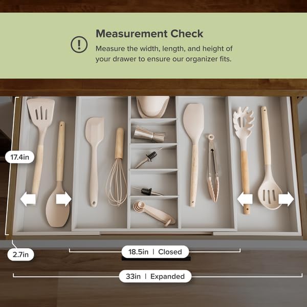 Adjustable Kitchen Drawer Organizer for Utensils and Junk, Food-Safe Contract Grade with 100%