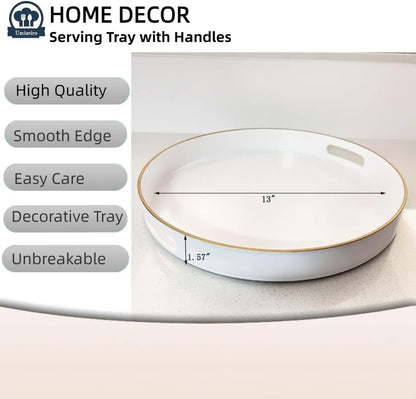 13" Round Decorative Tray, White Serving Tray with Handles, Plastic Coffee Table Tray for Ottoman