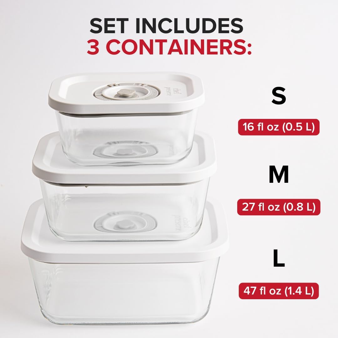 Chef Preserve Glass Vacuum Seal Containers for Food Storage, Made For Compact Vacuum Sealer, 3pcs
