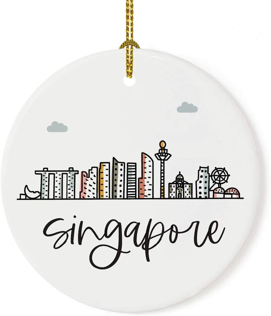 Andaz Press Round Ceramic Porcelain Christmas Tree Ornament Keepsake Gift, Singapore, Colorful