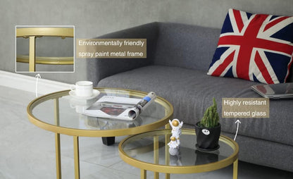 Round Nesting Coffee Table Gold Set of 2 for Living Room, Modern Side Tables with Sturdy Metal