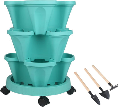 DUNCHATY Stackable Planter, Vertical Garden Planter with Wheels and Tools, Self Watering Strawberry