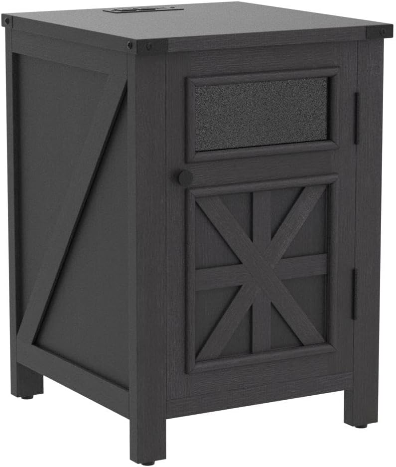 JXQTLINGMU Farmhouse End Table with Charging Station, 18'' Rustic Nightstand with Barn Door &