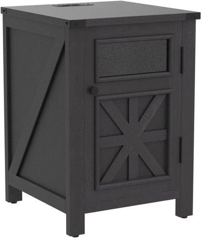 JXQTLINGMU Farmhouse End Table with Charging Station, 18'' Rustic Nightstand with Barn Door &