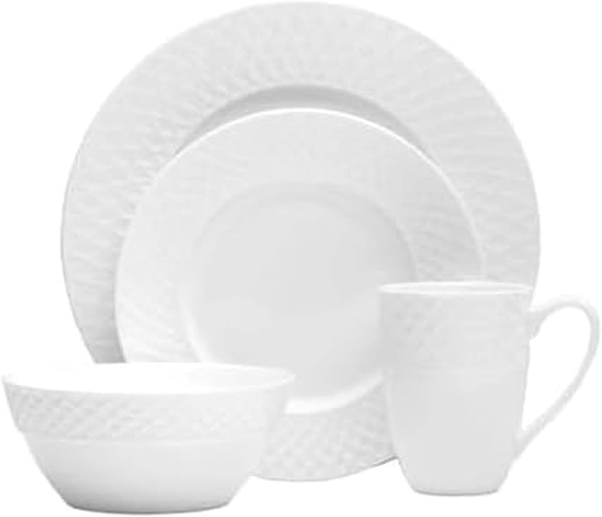 Mikasa Trellis Bone China 16-Piece Dinnerware Set, Service for 4, White Lightweight Porcelain with