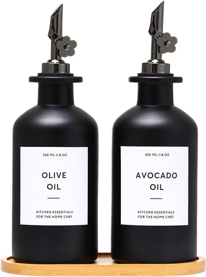 HOMCDALY Olive Oil Dispenser for Kitchen, 11.8oz Glass Kitchen Dispenser Bottle, Black Oil&Vinegar