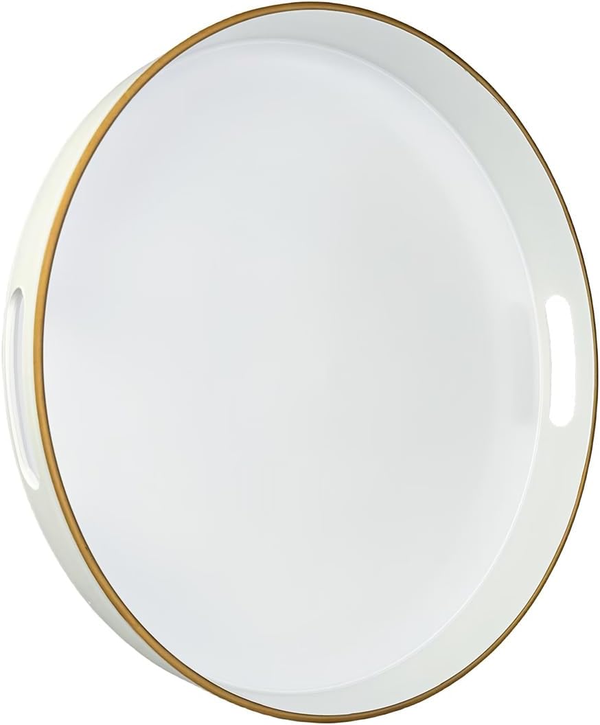 13" Round Decorative Tray, White Serving Tray with Handles, Plastic Coffee Table Tray for Ottoman
