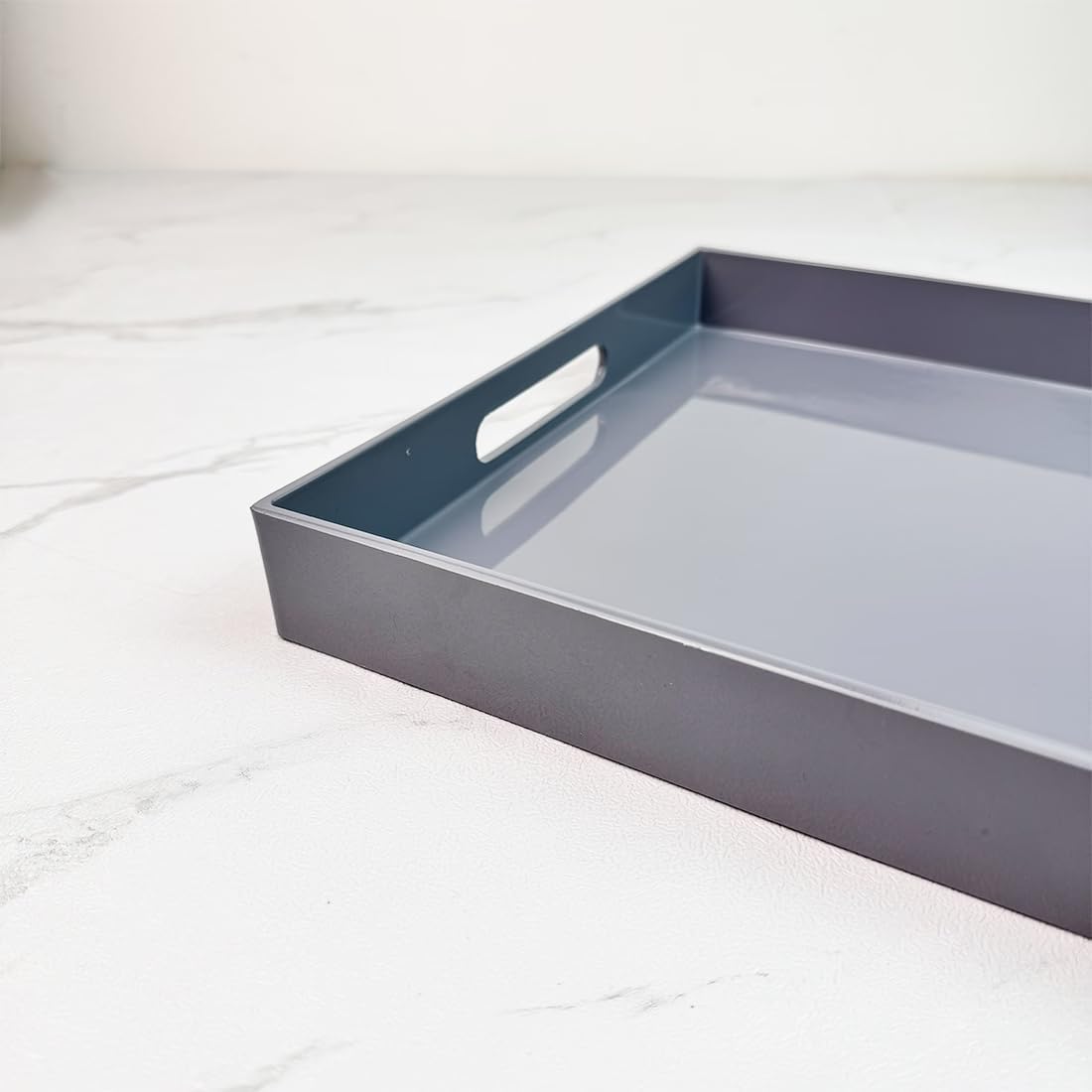Grey Decorative Tray, Rectangular Large Serving Tray with Handles, Plastic Coffee Table Tray for