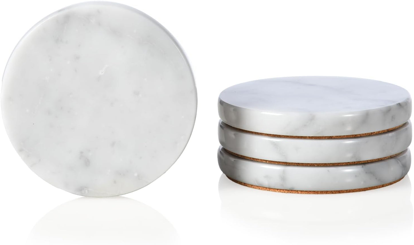 Real Natural Marble Coasters Set of 4, Carrara White Limestone 4 Inch/10 cm, Modern Round Stone