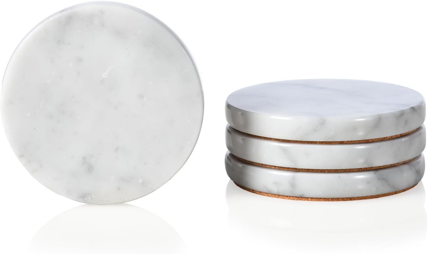 Real Natural Marble Coasters Set of 4, Carrara White Limestone 4 Inch/10 cm, Modern Round Stone