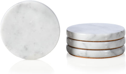 Real Natural Marble Coasters Set of 4, Carrara White Limestone 4 Inch/10 cm, Modern Round Stone