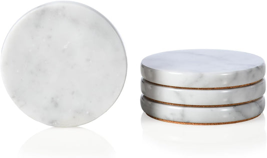 Real Natural Marble Coasters Set of 4, Carrara White Limestone 4 Inch/10 cm, Modern Round Stone
