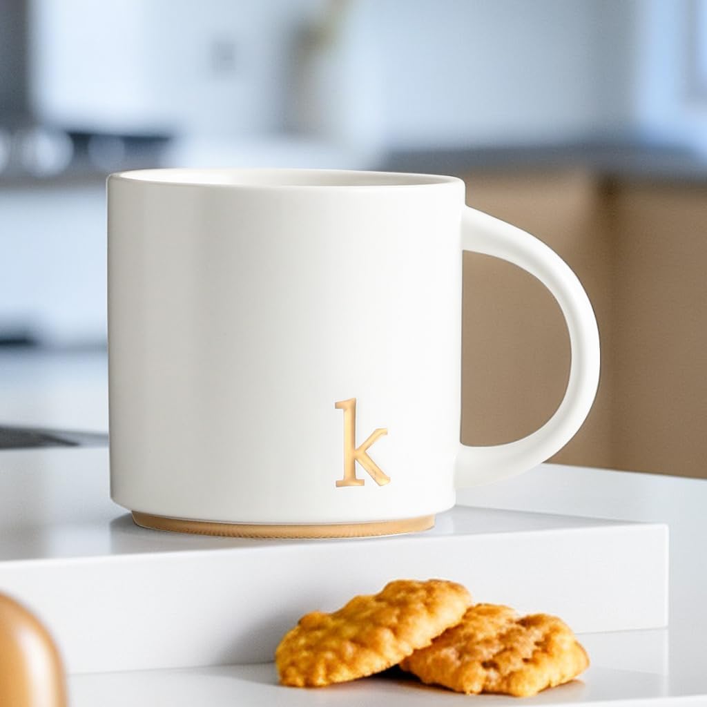COLLECTIVE HOME - Monogram Ceramic Mugs, 15 oz Golden Initial Coffee Cups, Elegant Alphabet Tea
