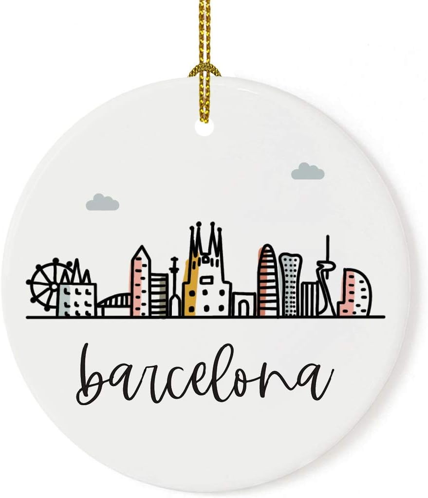 Andaz Press Round Ceramic Porcelain Christmas Tree Ornament Keepsake Gift, Barcelona, Colorful