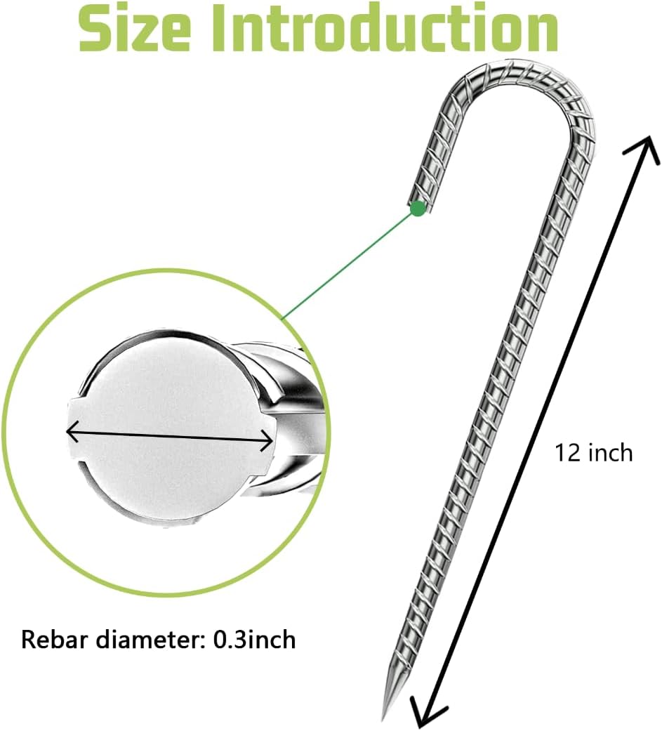 Rebar-Stakes-12-Inch, Ground Stakes Heavy Duty J-Hook Galvanized Anti-Rust Heavy Duty Ground