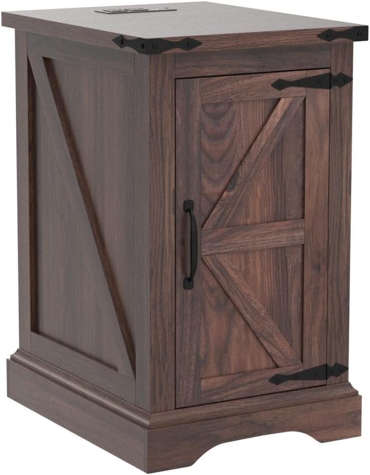 JXQTLINGMU Nightstand with Charging Station, Rectangular Farmhouse End Table with Barn Door and